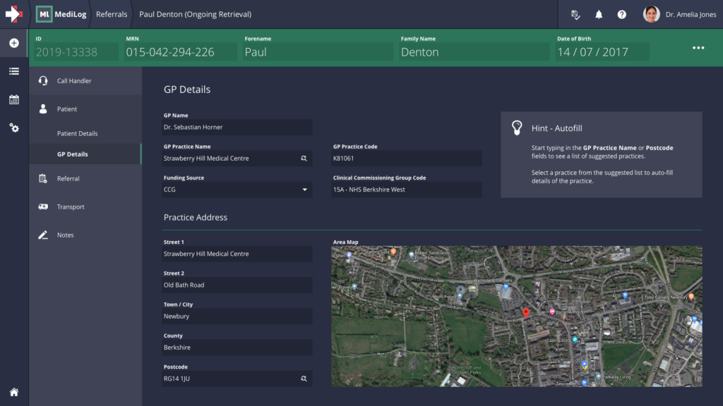 A screenshot of MediLog showing a detailed clinical record with GIS information