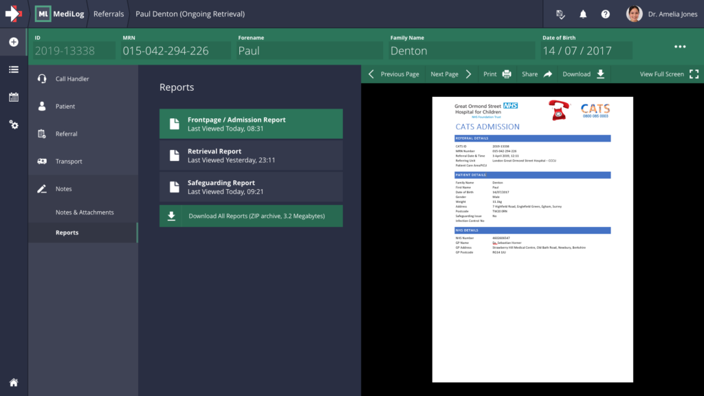 A screenshot of MediLog showing a detailed report being generated