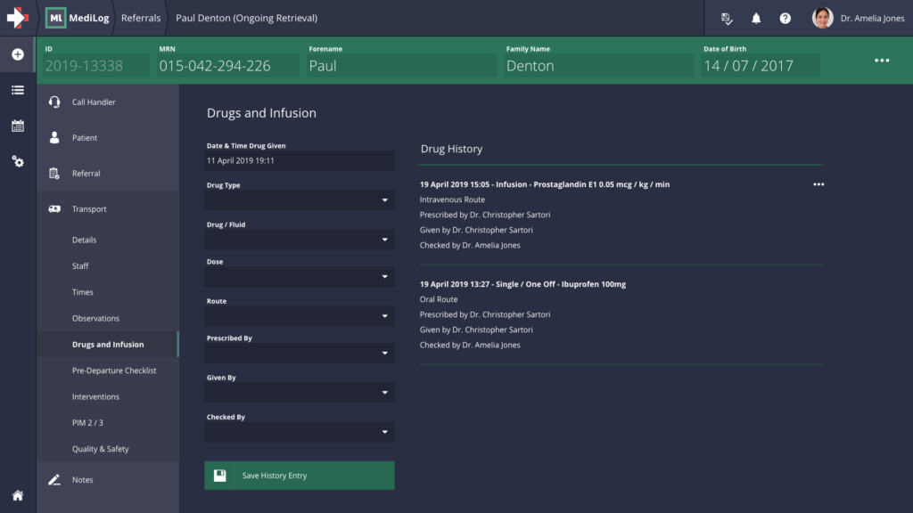 A screenshot of MediLog showing time-series entries for critical information keeping