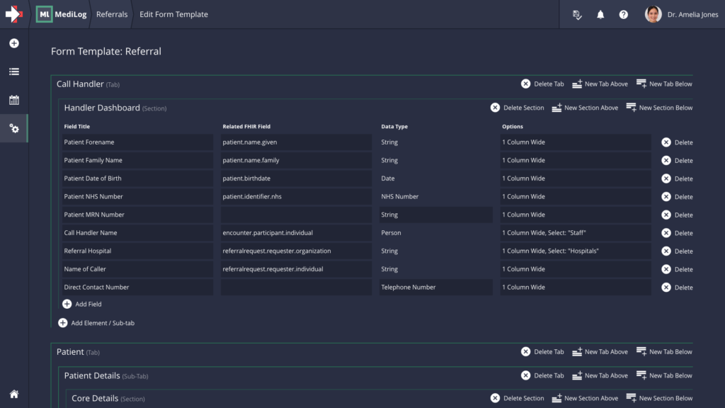 A screenshot of MediLog showing a form and report being edited by end users without code