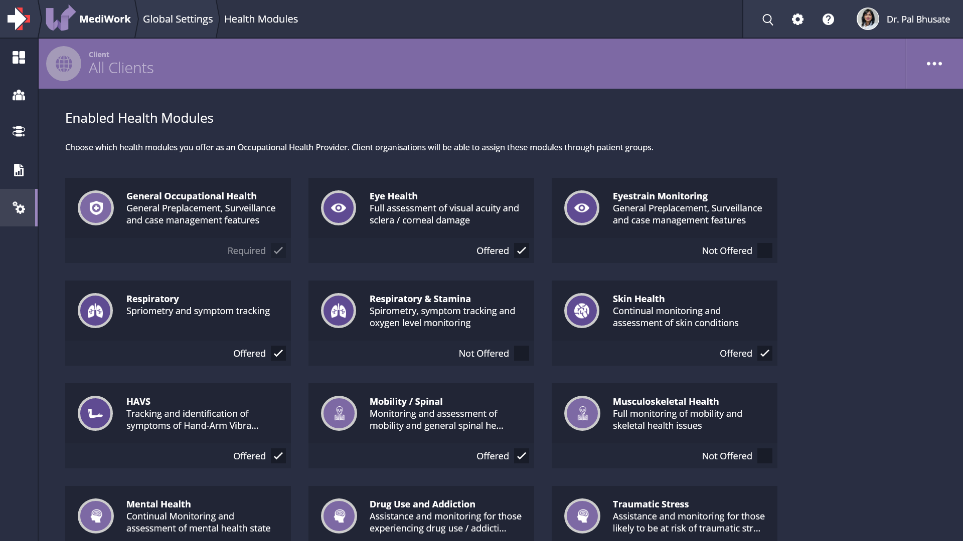 A screenshot of MediWork showing configurable libraries of options